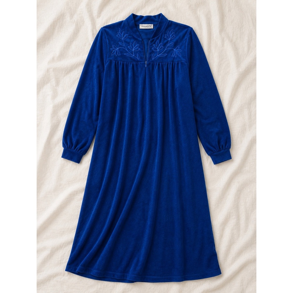 Vassarette Vintage Blue Robe Floral Embroidered Zip Kaftan Housecoat Pockets